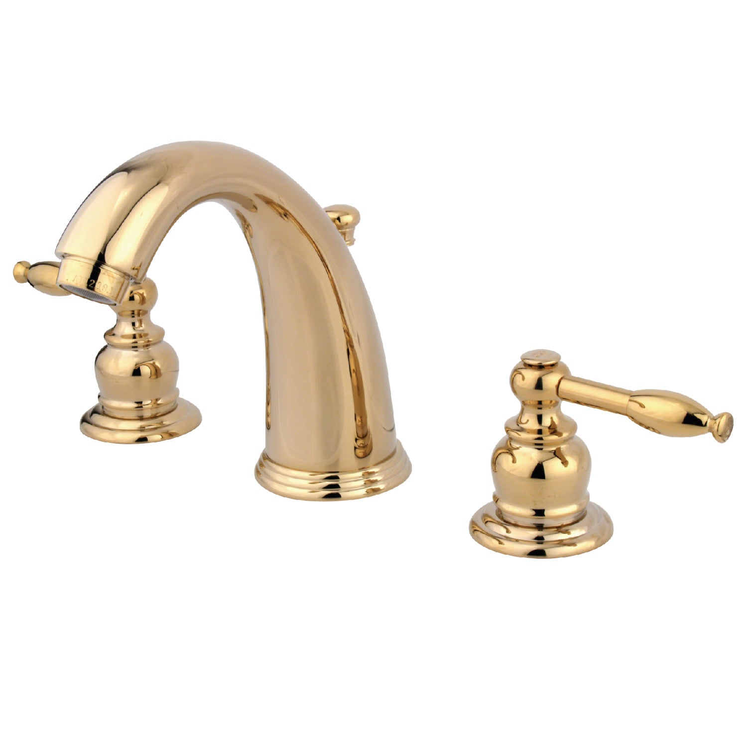 Kingston Heirloom KB982KL - Knight Two-Handle 3-Hole Deck Mount Widespread Bathroom Faucet with Pop-Up Drain, Polished Brass — image 1